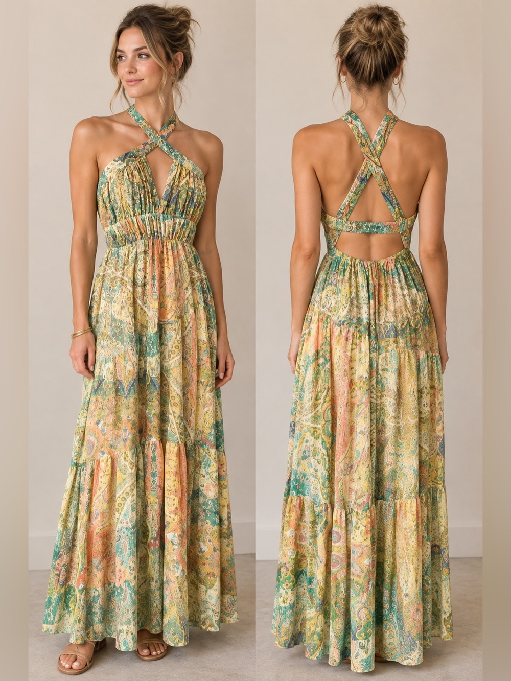 Zara Cross-Neck Paisley Maxi Dress in Green, Yellow and Orange